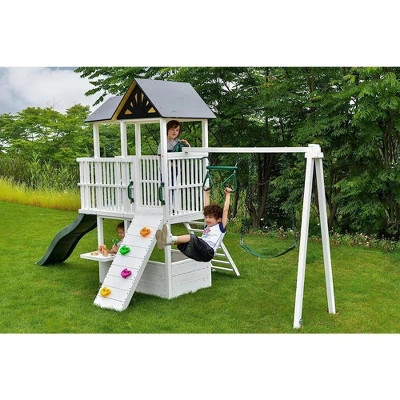 Avenlur Craftsman Swing Set: Montessori-style outdoor play with slide, clubhouse, gym bar, rock climb wall, and more! ASTM certified. Ages 3-11yrs. | Target