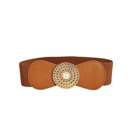 Elegant Vintage Lady Pearl Women PU Leather Dress Belts Korean Style Waistband Round Buckle Belt Women Belt BROWN | Walmart (US)
