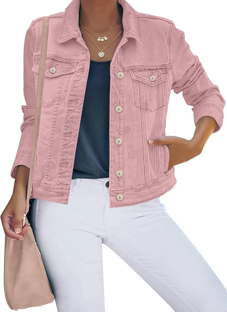 luvamia Women's Basic Button Down Stretch Fitted Long Sleeves Denim Jean Jacket | Amazon (US)