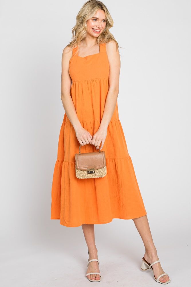 Neon Orange Tiered Crisscross Strap Midi Dress | PinkBlush Maternity