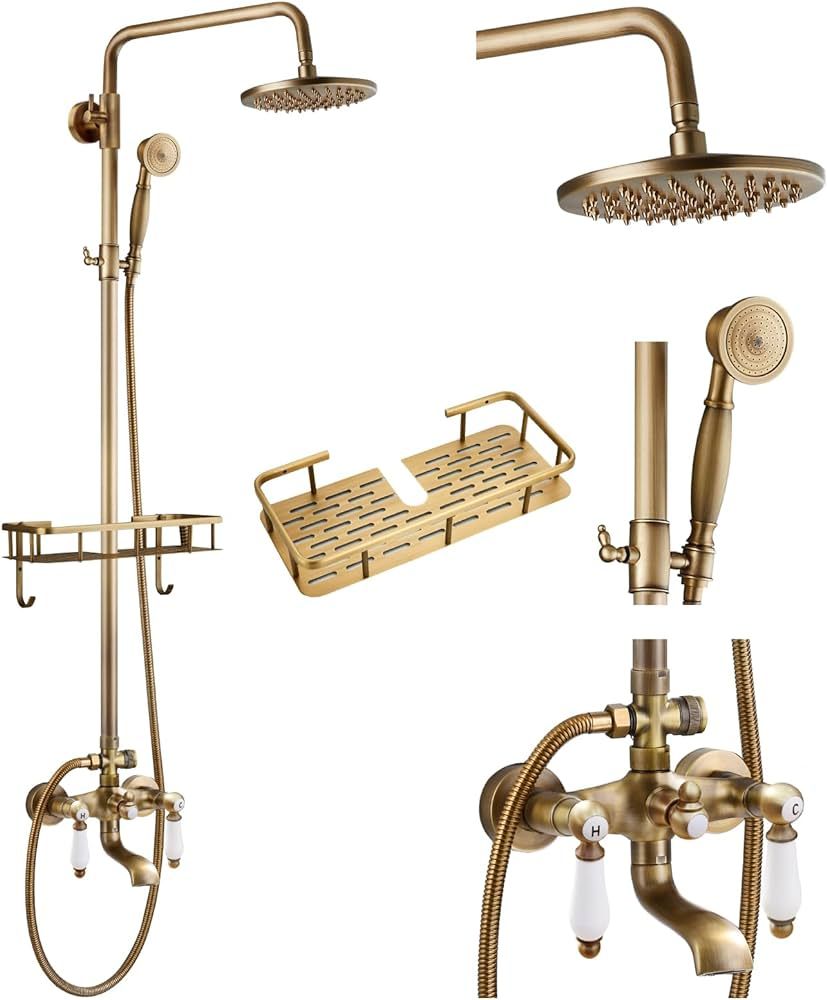 gotonovo Wall Mounted Antique Brass Exposed Bathroom Shower Faucet with Shower Shelf 8 inch Rainf... | Amazon (US)