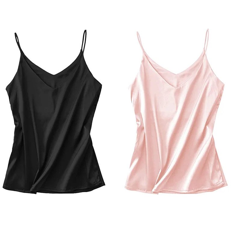 Pink+Black Basic Women's Satin Silk Tank Top Ladies V-Neck Silky Loose Sleeveless Blouse Tank Shi... | Walmart (US)
