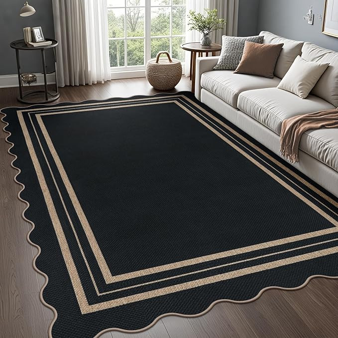 Scalloped 5x7 Rug for Living Room, Easy Jute Washable Outdoor Patio Carpet, Farmhouse Indoor Blac... | Amazon (US)