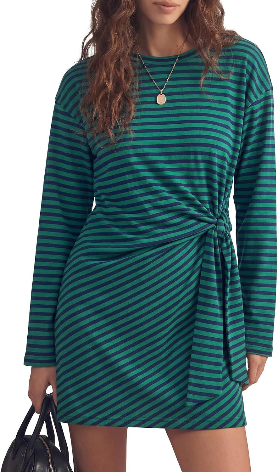 Fisoew Womens Striped T Shirt Dresses Casual Long Sleeve Wrap Waist Loose Active Mini Dress | Amazon (US)