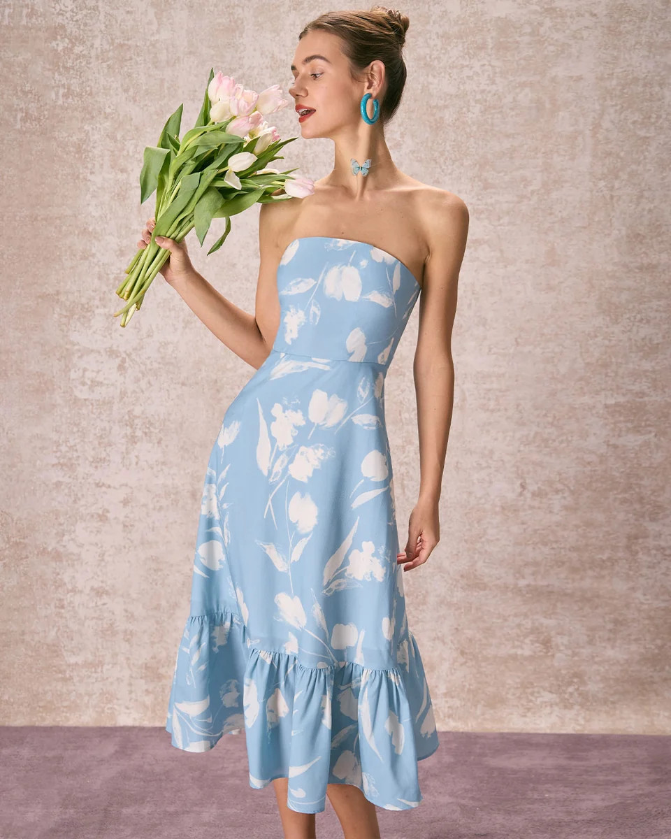 The Blue Ruffle Trim Strapless Floral Midi Dress & Reviews - Blue - Dresses | RIHOAS | rihoas.com