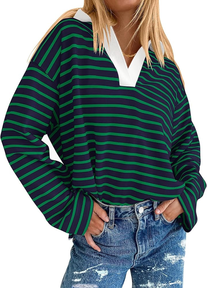 AKEWEI Collared Striped Shirt for Womens V Neck Long Sleeve Tops Oversized Casual Shirts for Wome... | Amazon (US)