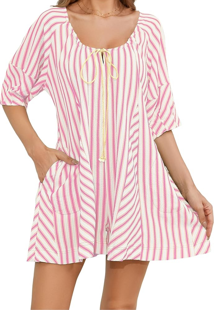 Womens Summer Striped Romper Casual Oversized Puff Short Sleeve Wide Leg Short Jumpsuits Overalls... | Amazon (US)