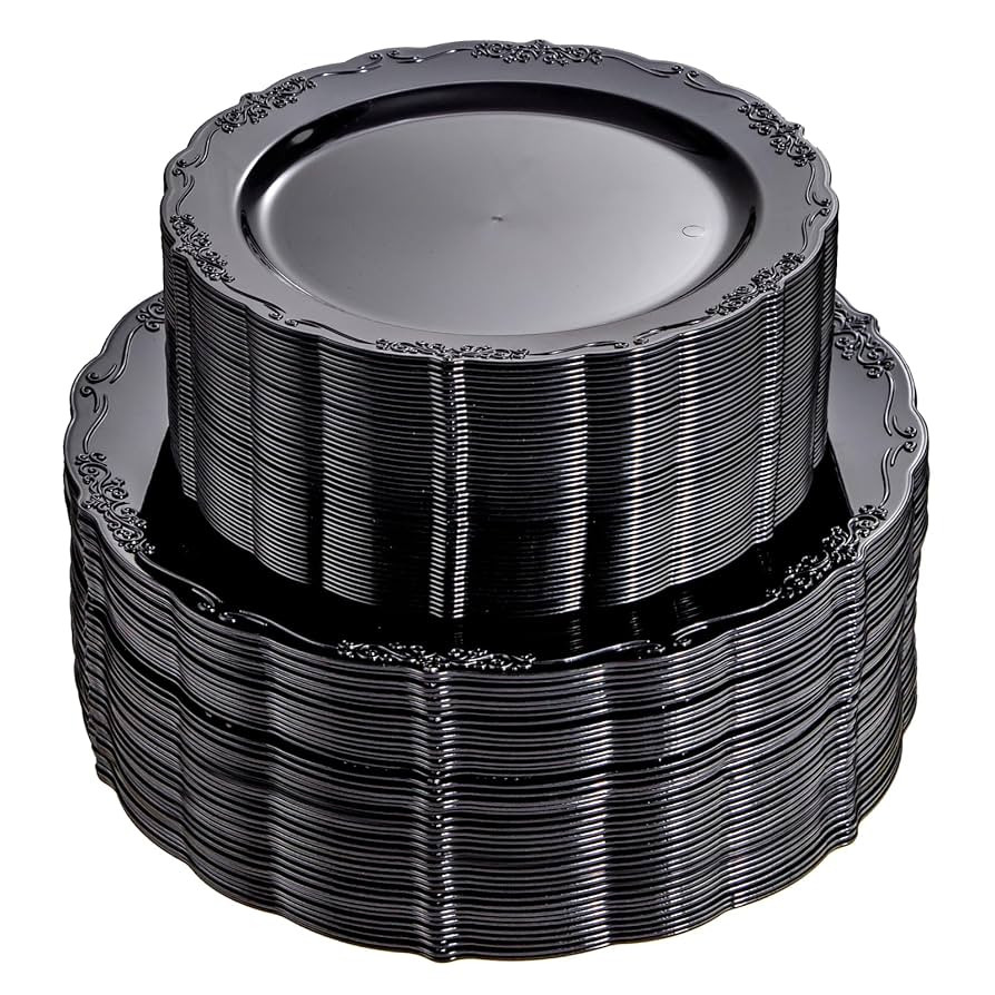 U-QE 100PCS Black Plastic Plates, Heavy Duty Black Disposable Plates Including 50PCS 10.25'' Dinn... | Amazon (US)