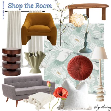 Shop the Room - Living Room 

Living room decor, living room decorations, living room design, living room inspo, living room inspiration, ivory curtains, Amazon curtains, living room curtains, living room furniture, living room wallpaper, living room pillows, walnut furniture, walnut end table, round end table, gray couch, Wayfair couch, Wayfair furniture, ivory throw blanket, cream throw blanket, ivory throw pillow case, mint wallpaper, green wallpaper, crane wallpaper, burnt orange throw pillow, orange velvet throw pillow, round throw pillow, ivory floor lamp, green table lamp, flower table lamp, Amazon lamp, Amazon table lamp, Anthropologie living, Anthropologie home, walnut coffee table, modern coffee table, wavy coffee table, orange poppy, floral stem, faux florals, faux branch, white flowers, green vase, orange accent chair, Walmart chair 

#LTKhome