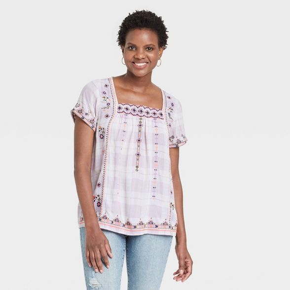 Women's Plaid Short Sleeve Embroidered Top - Knox Rose™ Ivory | Target