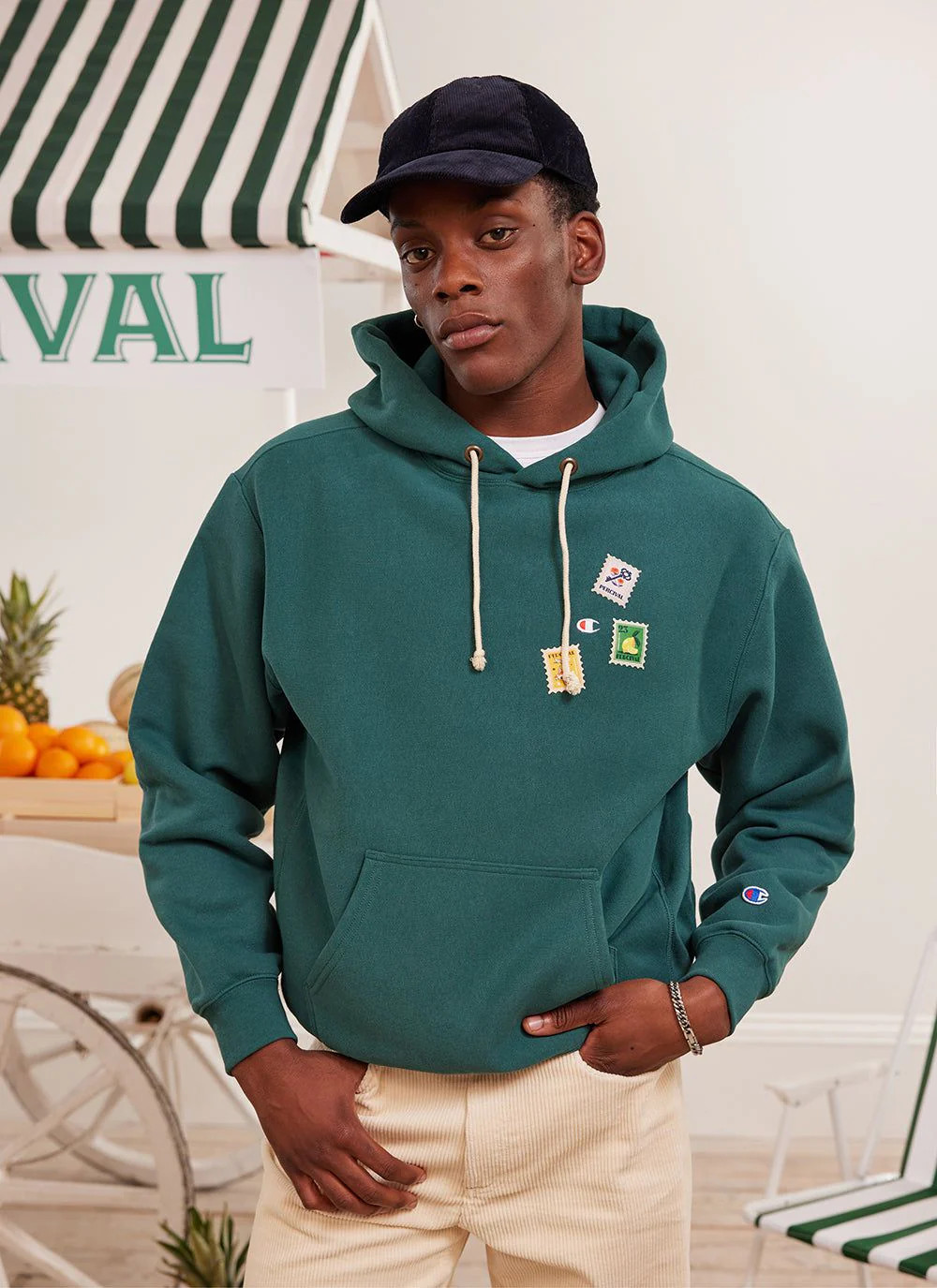 Perci-Post Stamps Hoodie | Champion and Percival | Forest | Percival Menswear