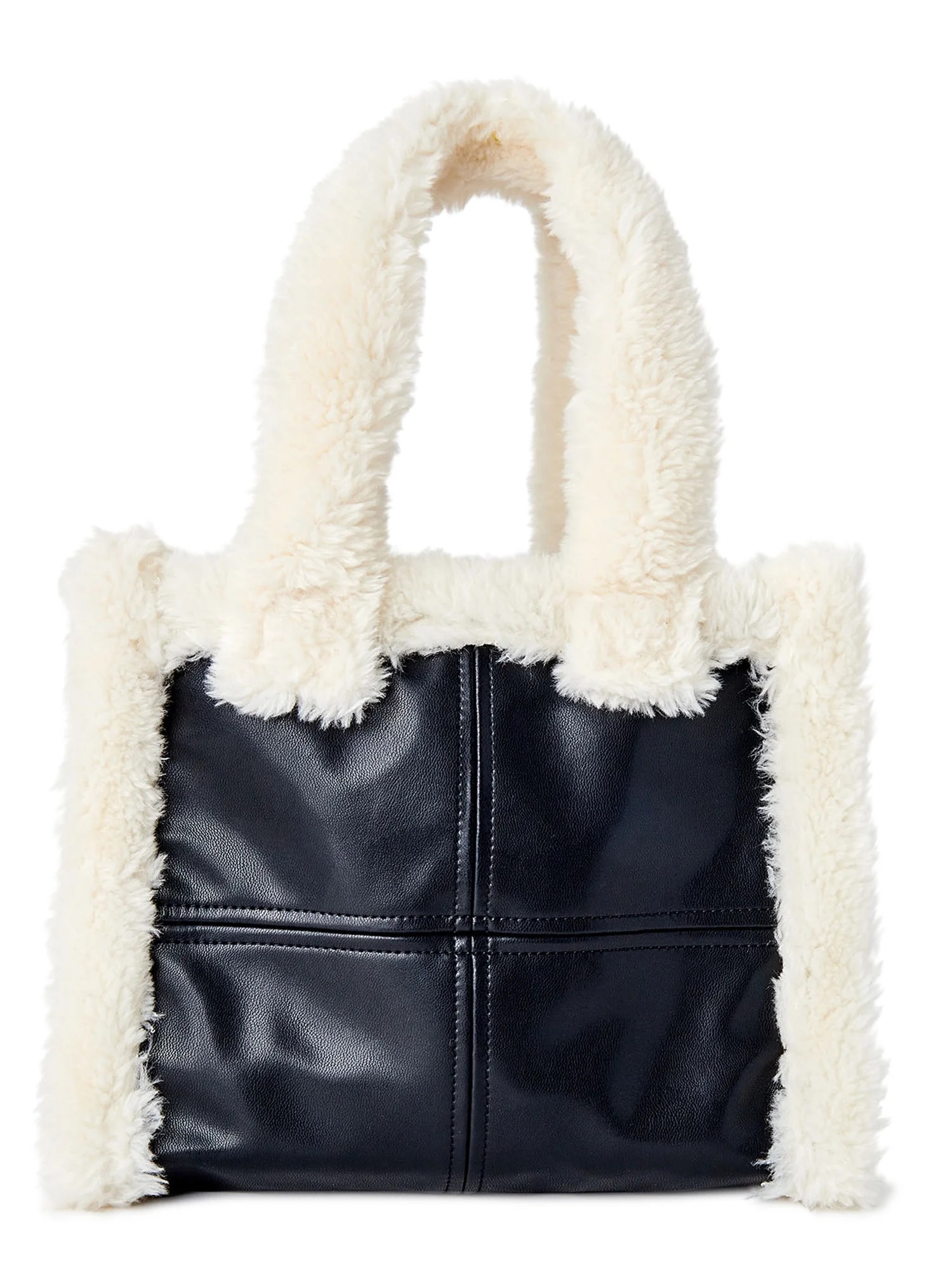 No Boundaries Women's Square Sherpa Tote Bag Black Off-White- Small | Walmart (US)