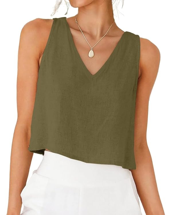 IDEALSANXUN Womens V Neck Linen Tank Tops Spring Summer Sleeveless Shirts | Amazon (US)