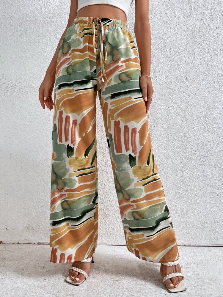 SHEIN VCAY Graphic Print Knot Front Pants | SHEIN