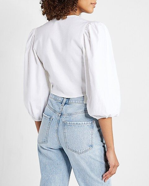 Linen-blend Tie Front Puff Sleeve Cropped Top | Express