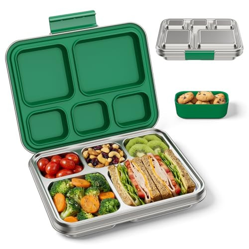 Zeekala Stainless Steel Bento Lunch Box for Kids & Adults, 5 Compartment Metal Portable Bento Box with Silicone Food Container and Removable Silicone Seal,BPA-Free,School,Office(Green) | Amazon (US)