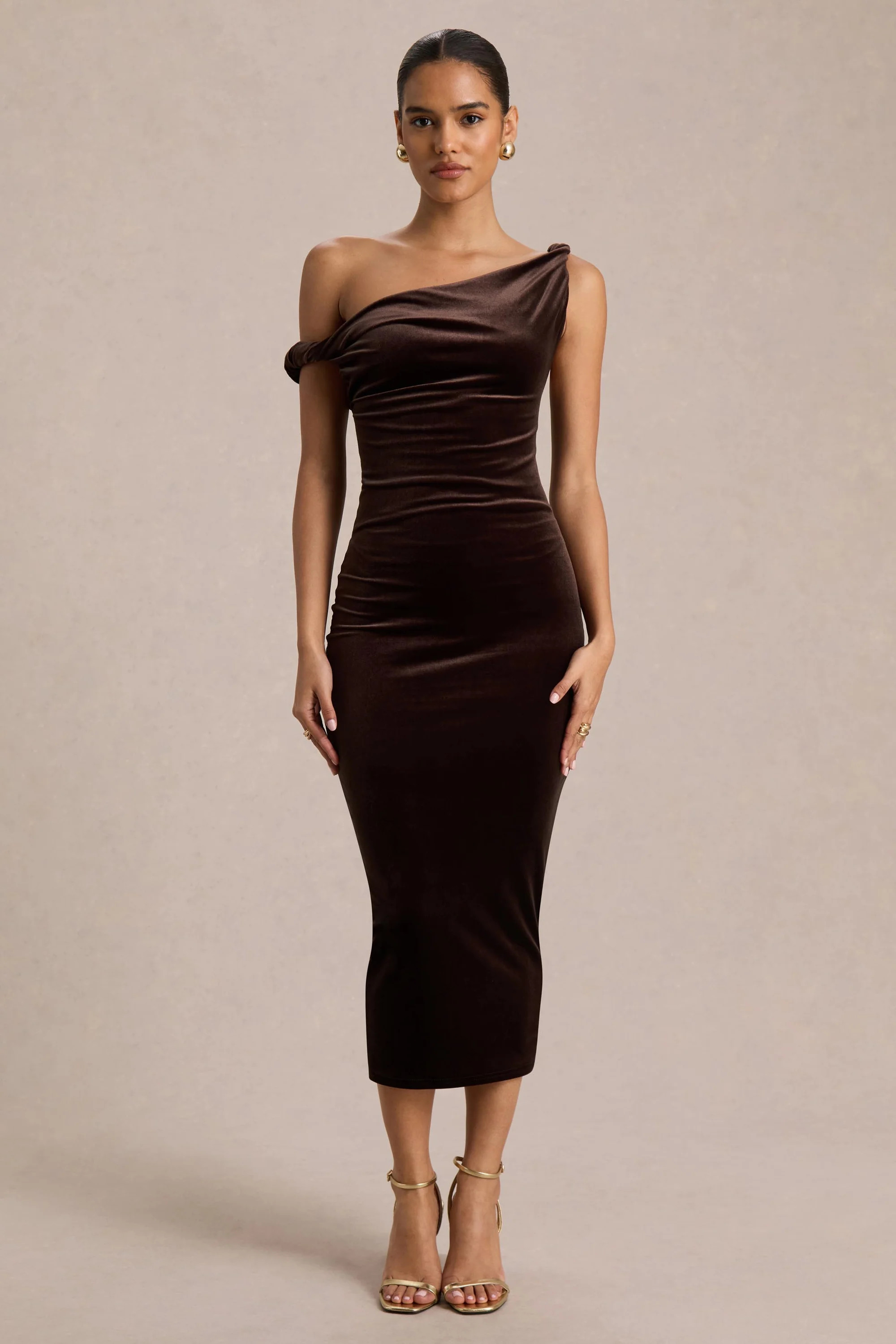Carella | Brown Velvet Twisted Asymmetric Midi Dress | Club L London
