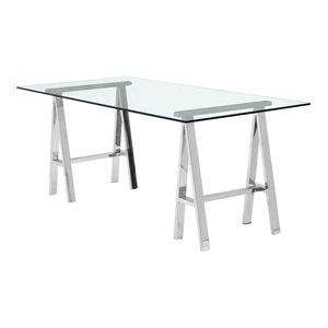 Pangea Home Brady Modern Polished Steel Metal and Tempered Glass Desk in Clear | Cymax