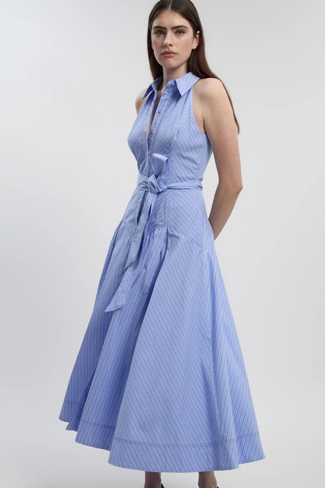 Cotton Collared Stripe Halter Neck Woven Midi Shirt Dress With Dropped Waist Detail | Karen Millen