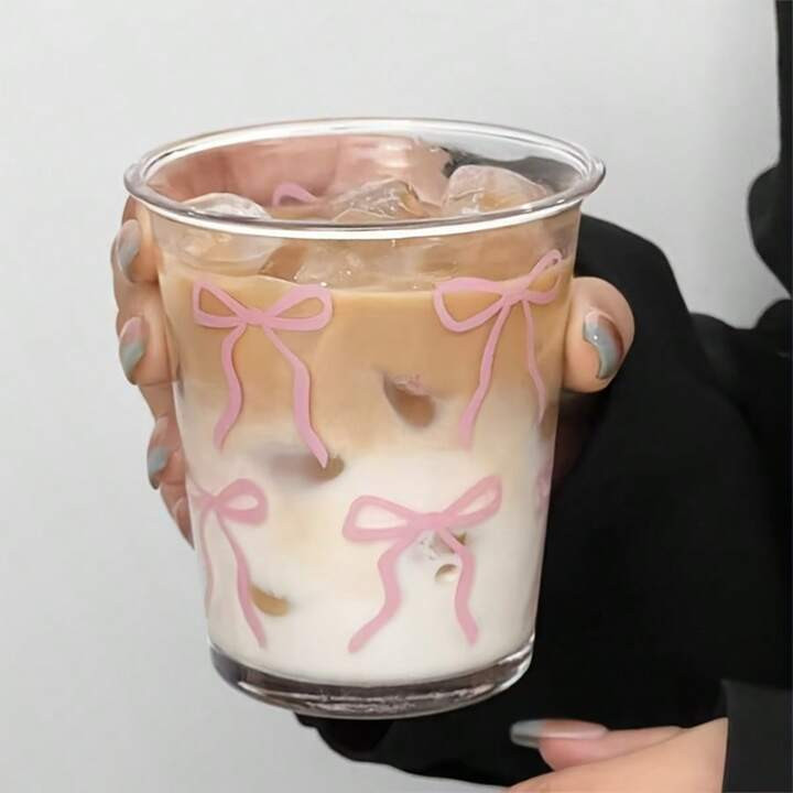 1/2pcs Ribbon Glass Cup, Pink Bowknot Iced Coffee Cup, 11oz Elegant & Cute Drinking Cup, Suitable For Women, Girlish And Sister Gathering | SHEIN