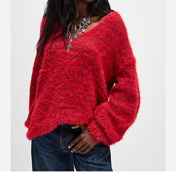 Free People Sparrow Pullover Fuzzy V-neck Sweater. XS Red. Oversized. Boho. | Poshmark