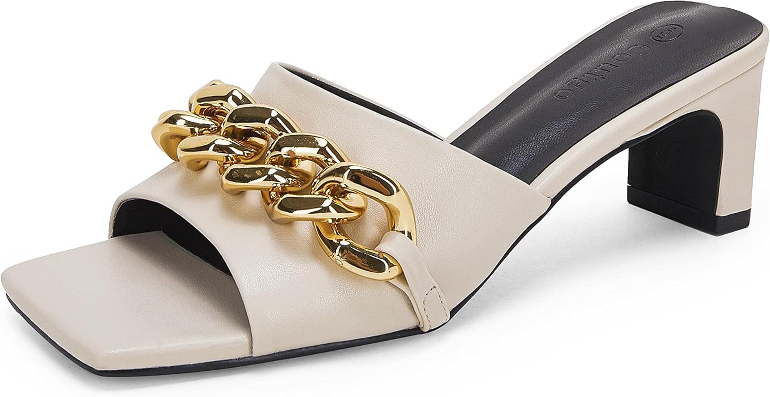 Womens Square Open Toe Heeled Sandals Low Block Heel Gold Chain Backless Slip On Slide Mule Shoes | Amazon (US)