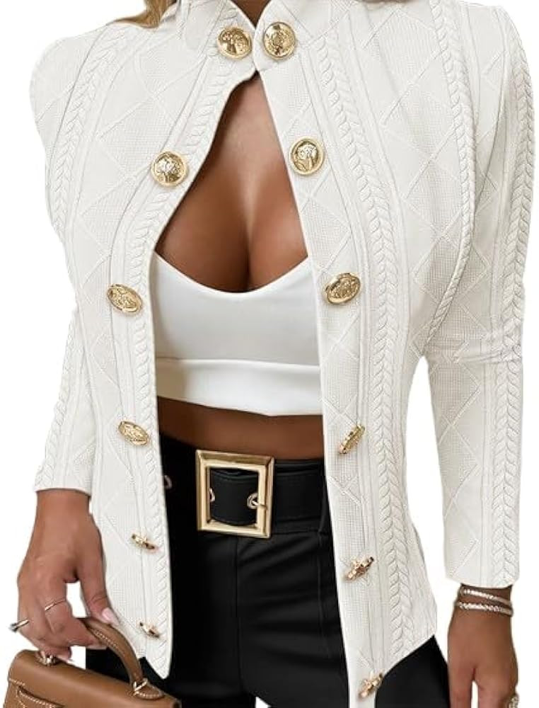 CHICME Women Argyle Cable Cardigan Casual Lightweight Cropped Coat Stand Collar Long Sleeve Metal... | Amazon (US)