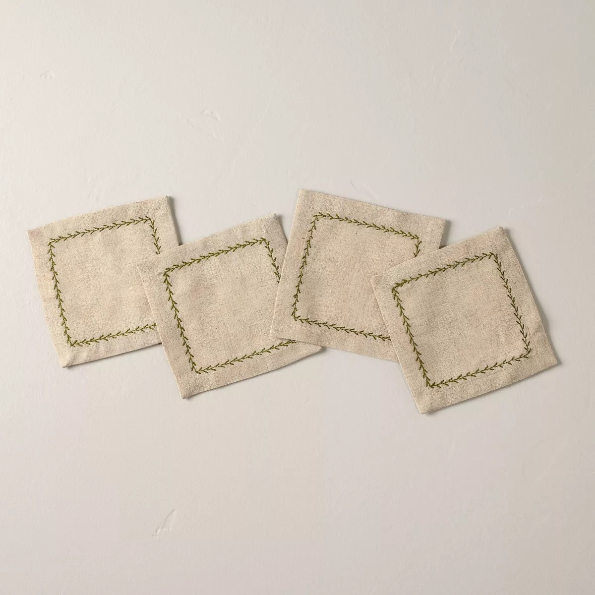 Set of 4 Embroidered Border Cloth Cocktail Napkins Natural/Green - Hearth & Hand™ with Magnolia | Target