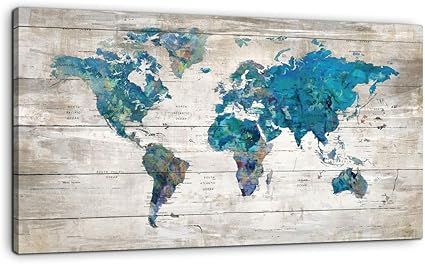 Yiijeah Abstract Watercolor Blue World Map Canvas Wall Art Prints for Living Room Office Large Te... | Amazon (US)