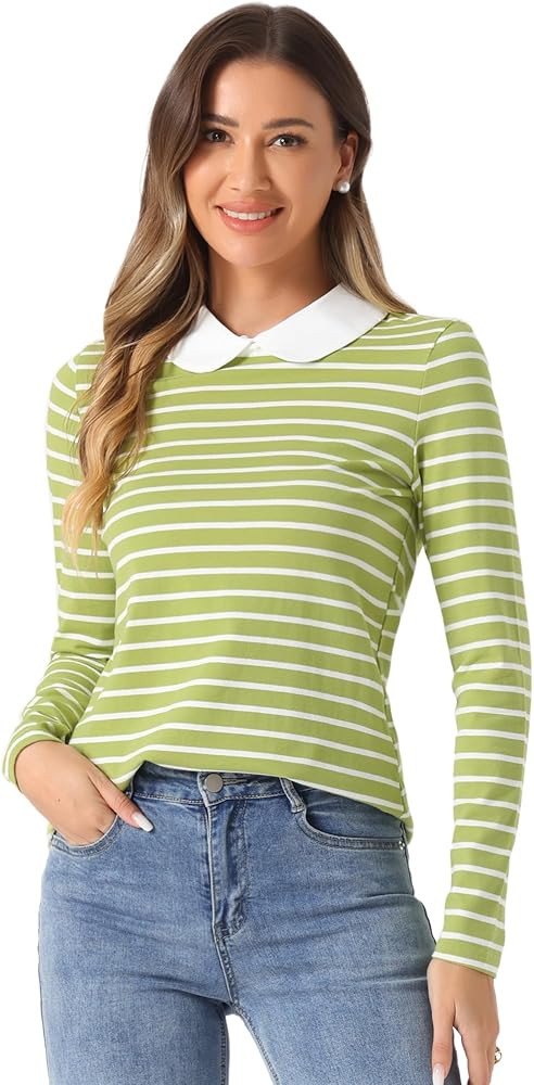 Allegra K Women's Contrast Collar Long Sleeves Peter Pan Collar Striped Blouse Top | Amazon (US)