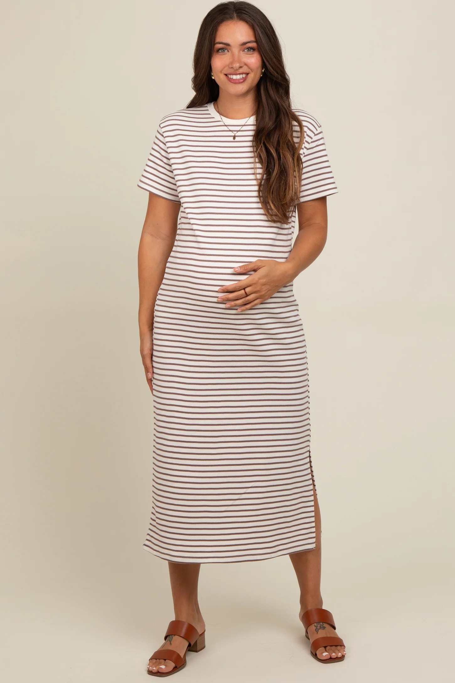 Cream Striped Short Sleeve Maternity T-Shirt Midi Dress | PinkBlush Maternity