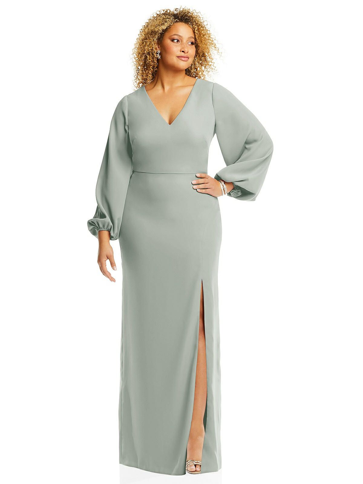 Long Puff Sleeve V-Neck Trumpet Gown | The Dessy Group