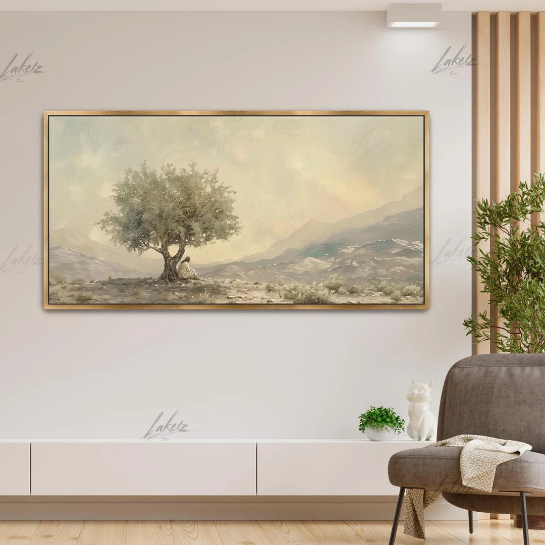 Lakelzdecor Beige Jesus Sitting Under Olive Tree Print, Peace Mountain Christ Minimalist Abstract... | Etsy (US)