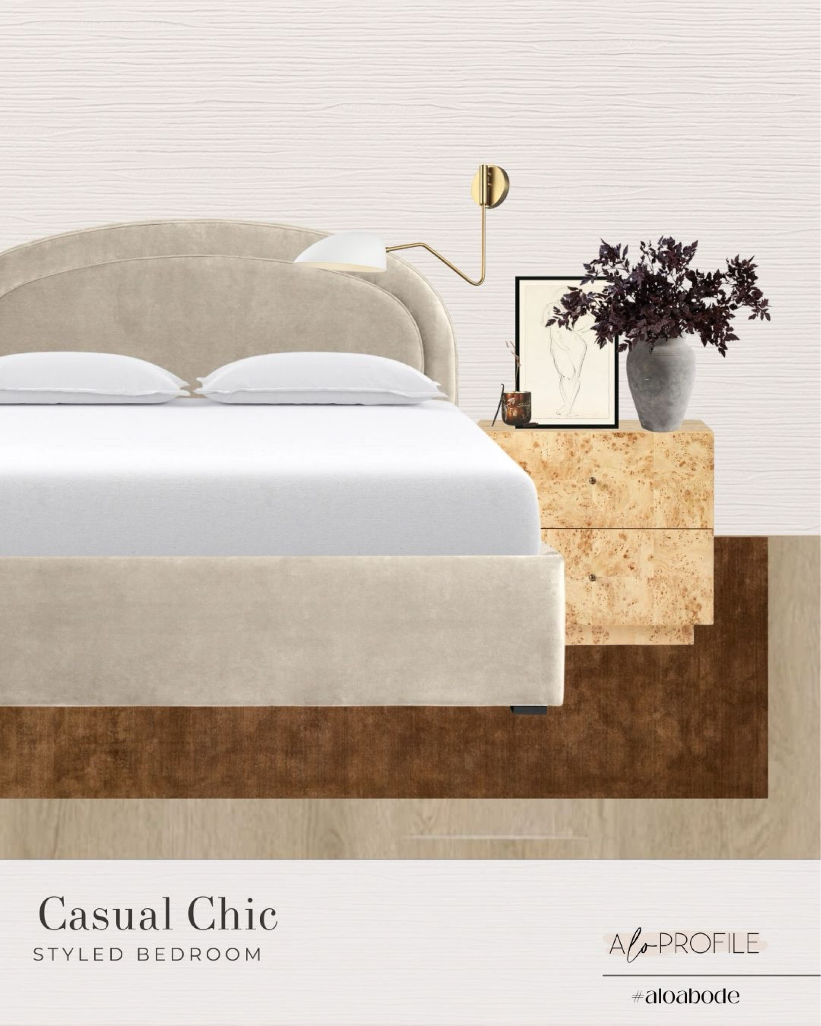 Casual Chic Bedroom // styled bedroom, casual design, comfortable bedroom, burl wood nightstands, neutral bedframe, arch bedframe, modern flare design, wall sconce, task lighting, pencil art, antique pot, fall botanicals, minimal decor, neutral rug, casual bedding, bedroom styling, bedroom decor, bedroom inspo