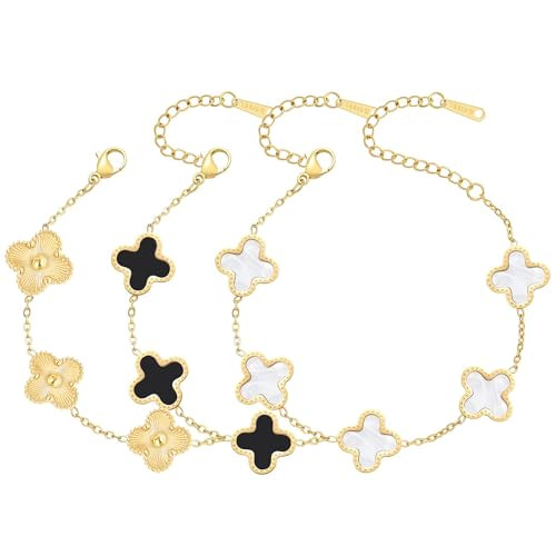 HIGHTERTON 18K Gold Plated Clover Lucky Bracelet for Women, Gold/White/Black Bracelets Link Bracelets Set Jewelry Gifts Trendy for Women Teen Girls | Amazon (US)