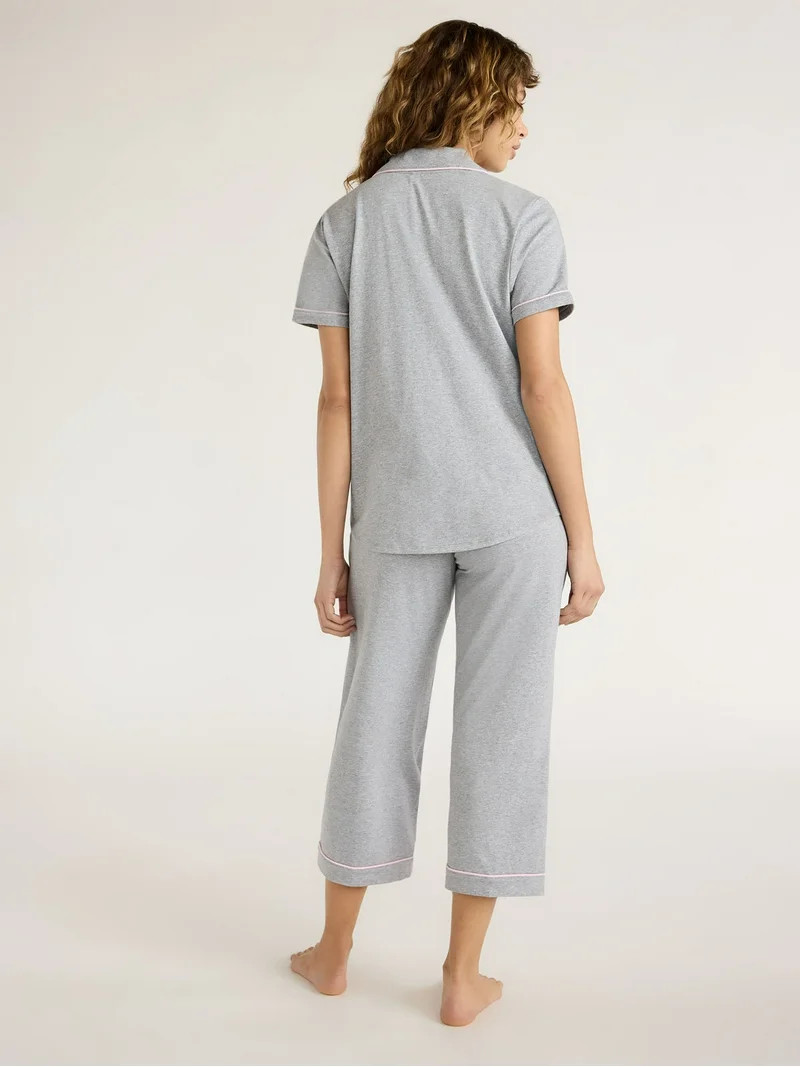 Joyspun Women's Cotton Blend Notch Collar Top and Capri Pants Pajama Set, 2-Piece, Sizes S to 4X | Walmart (US)