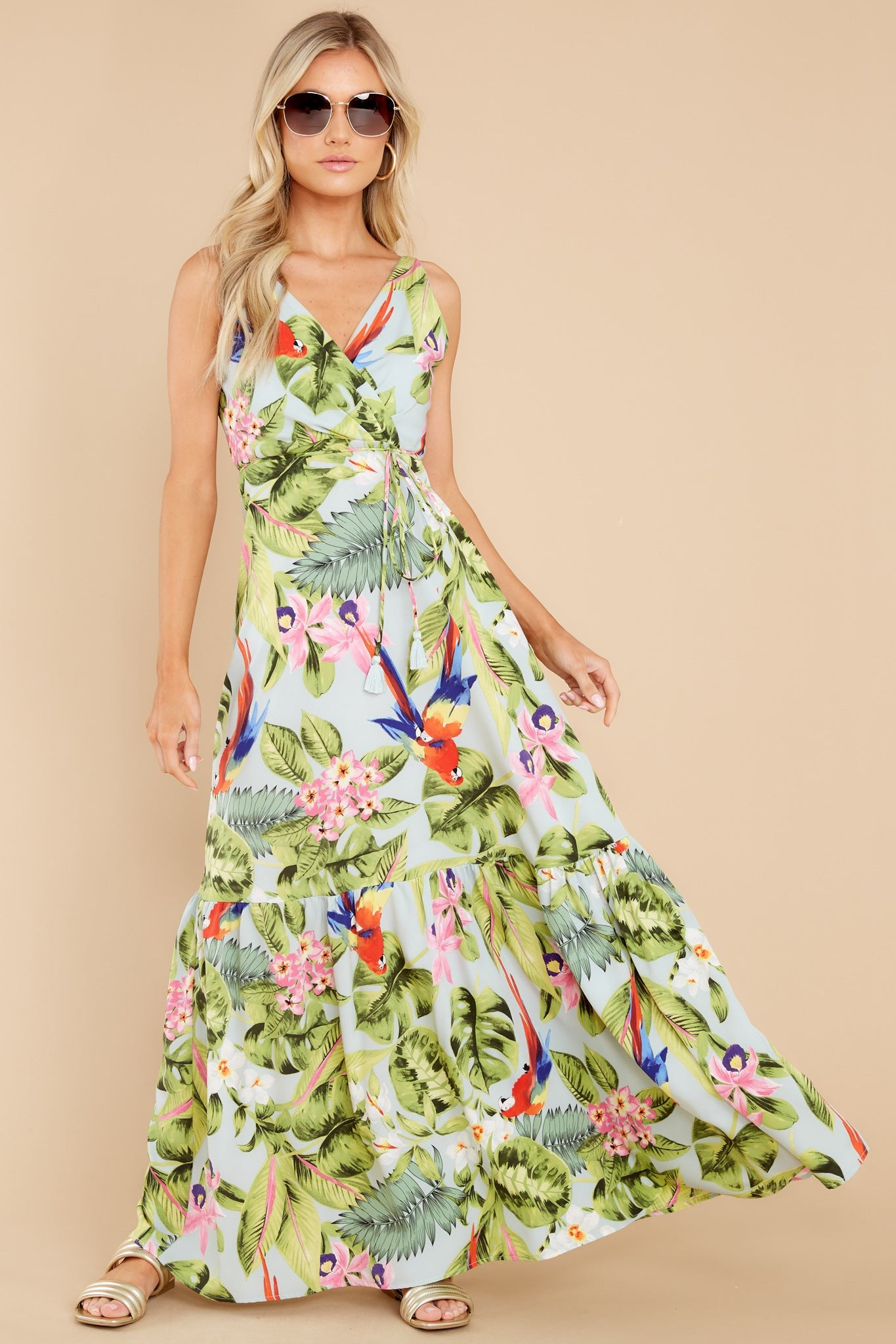 Exotic Getaway Sage Multi Tropical Print Maxi Dress | Red Dress 