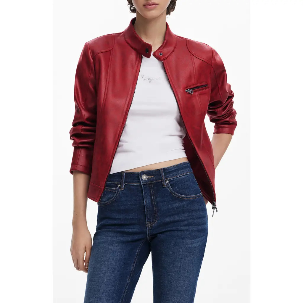 Desigual Faux Leather Moto Jacket in Orange Red at Nordstrom, Size X-Small | Nordstrom