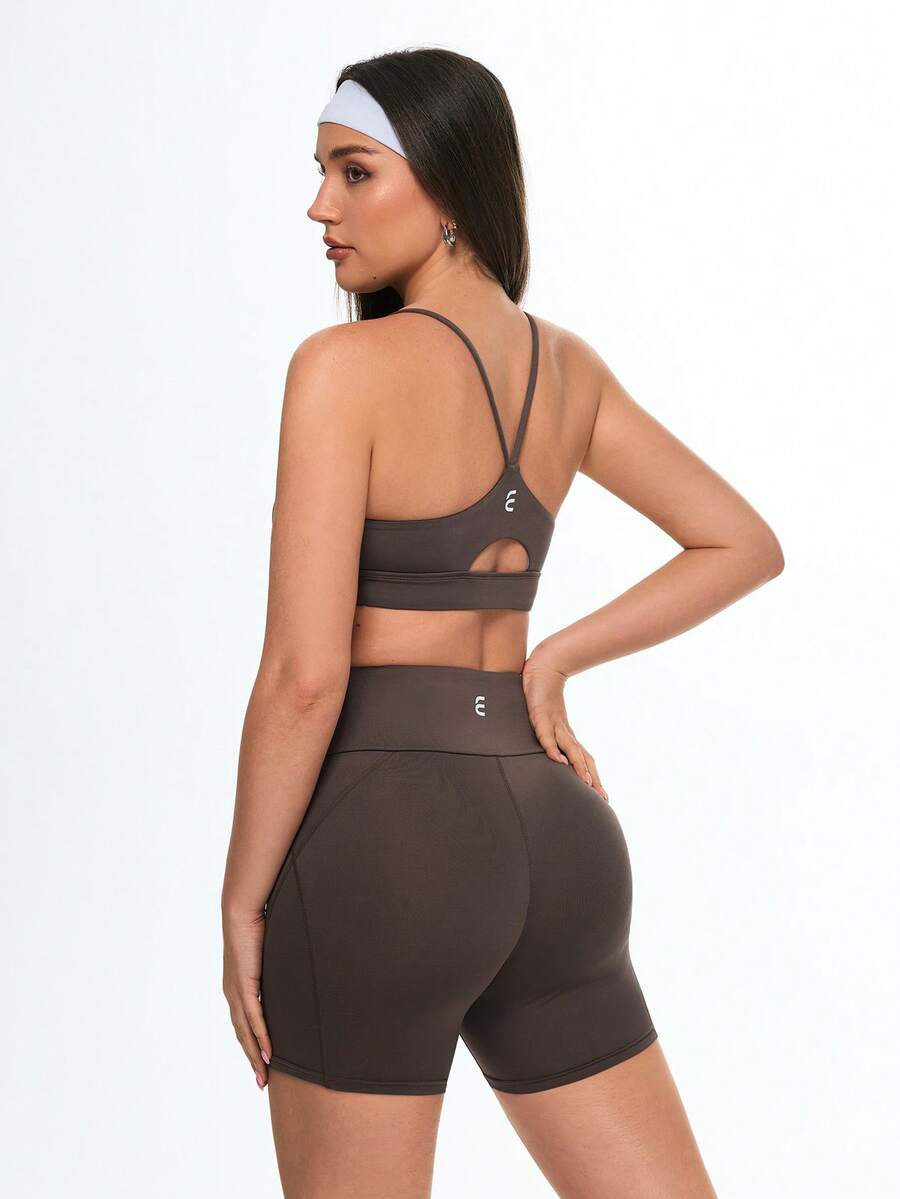 Eassivo Eassivo Women's Dark Brown 2 Pieces Workout Set, Spaghetti Strap Sports Bra With Open Bac... | SHEIN