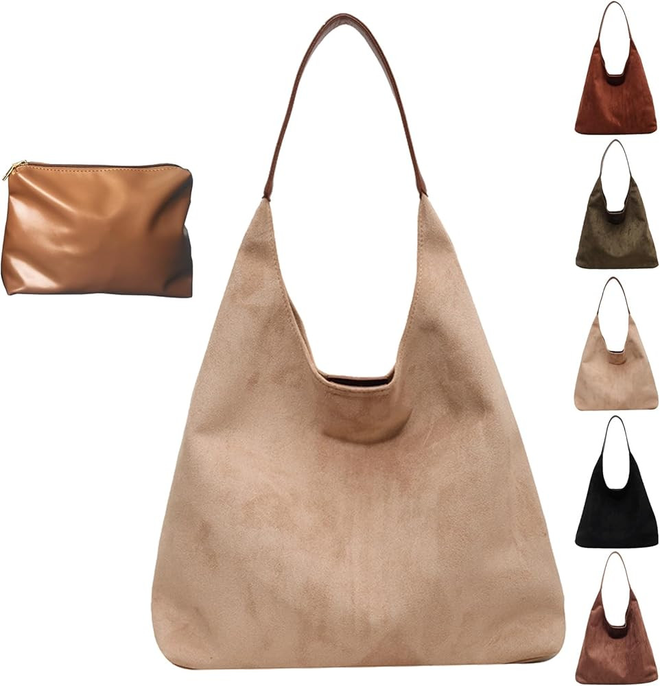 Leather Hobo Bags for Women, Suede Purse Slouchy Tote Bag, Brown Leather Purse, Suede Hobo Should... | Amazon (US)