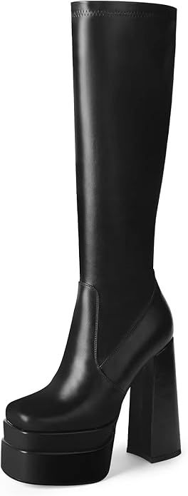 WETKISS Stacked Platform Knee High Boots for Women, Chunky High Heeled Black PU Leather Boots Squ... | Amazon (US)