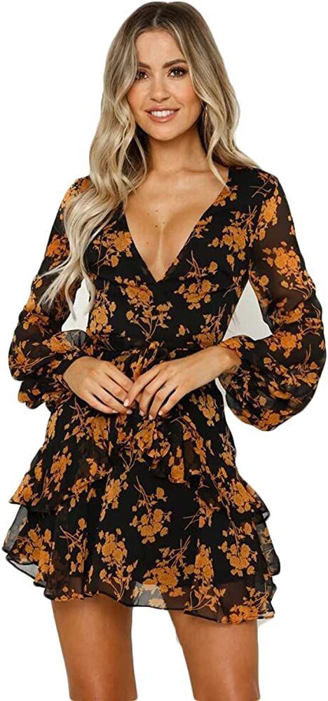 ROVLET Women's Sexy Floral Dress Long Sleeve V Neck Ruffle Boho A line Mini Dress Party Beach | Amazon (US)