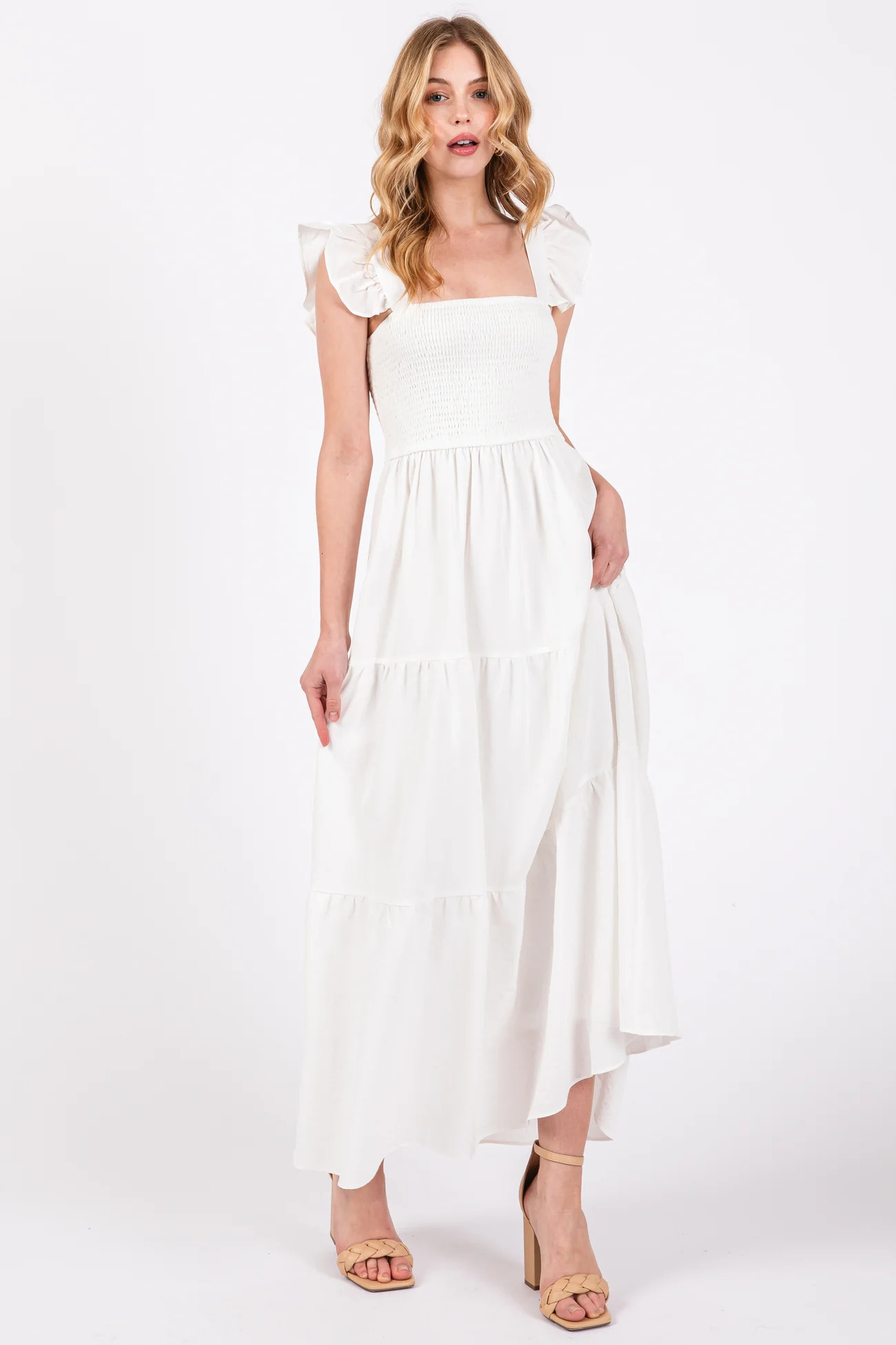 Cream Sleeveless Smocked Tiered Maternity Maxi Dress | PinkBlush Maternity