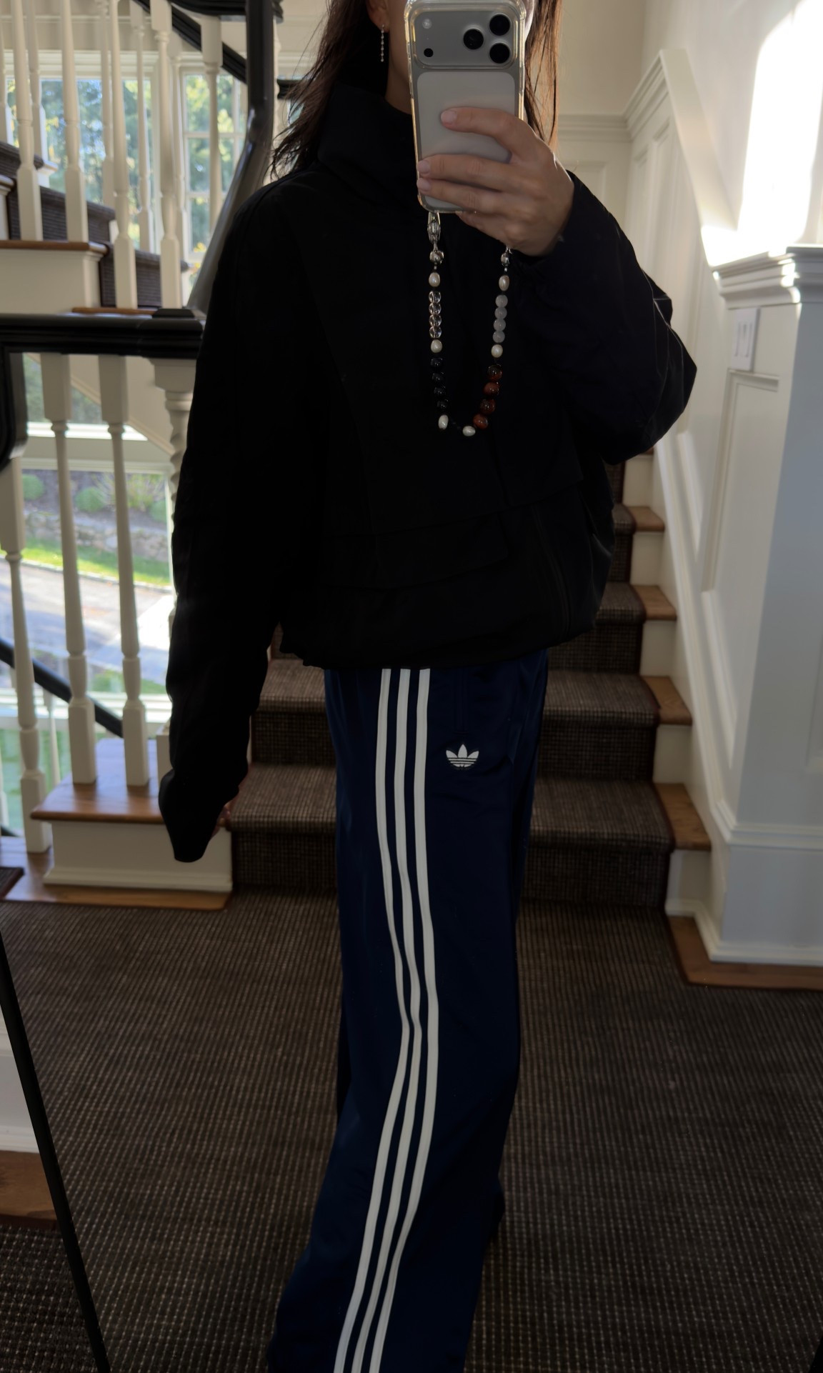 School drop ootd 
Adidas track pants size M 
Jacket size M 
Phone chain
Somewhere Lately outfit, casual mom outfit 

#LTKootd