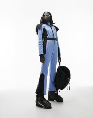 Topshop Sno ski suit with faux fur hood & belt in blue | ASOS (Global)