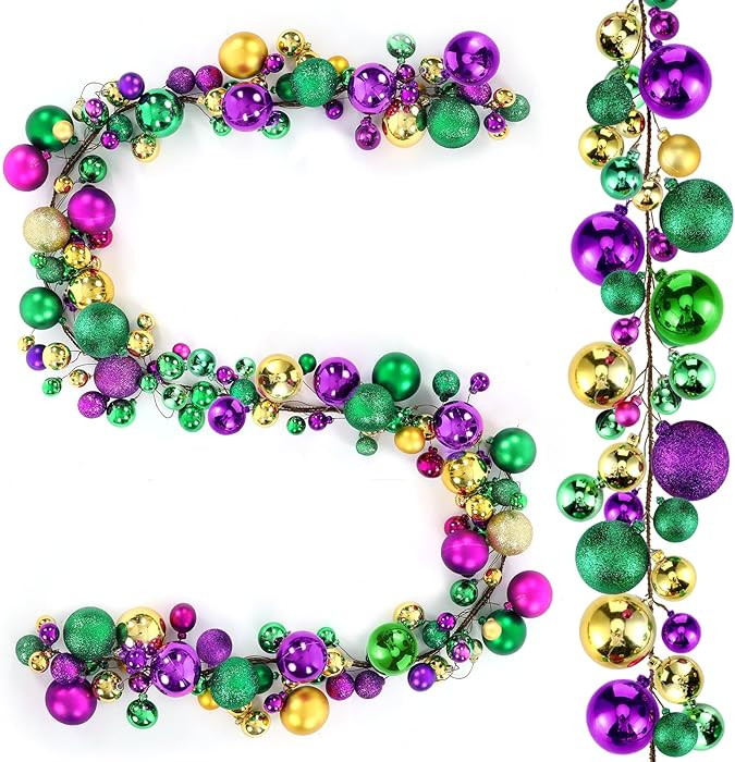 6Ft Mardi Gras Bead Garland Decoration Ball Ornaments Glitter Purple Gold Green Bulb Garland for ... | Amazon (US)