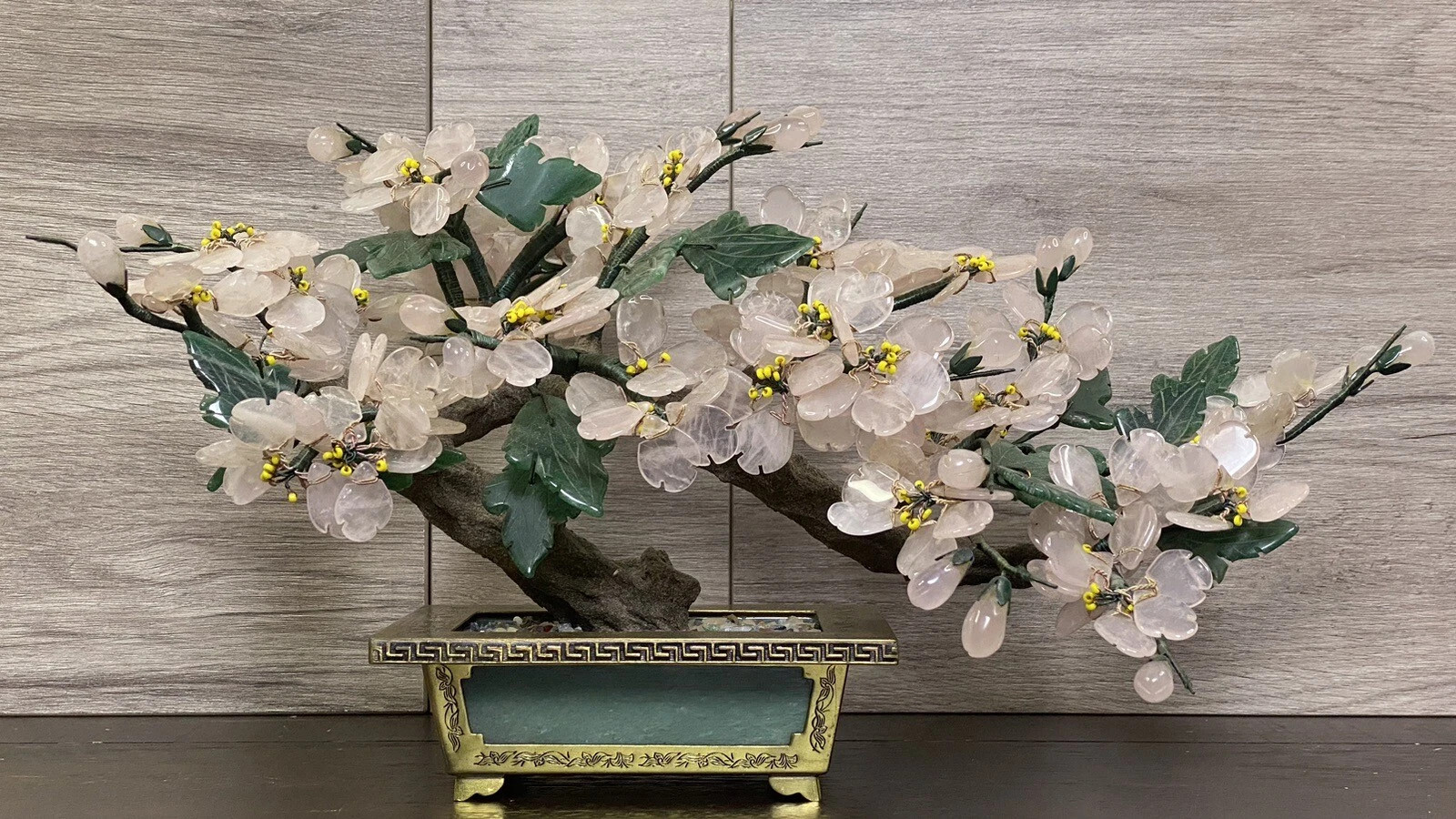 Vintage Jade Glass Hand Carved Bonsai Tree Brass Base Pink Flowers | eBay US