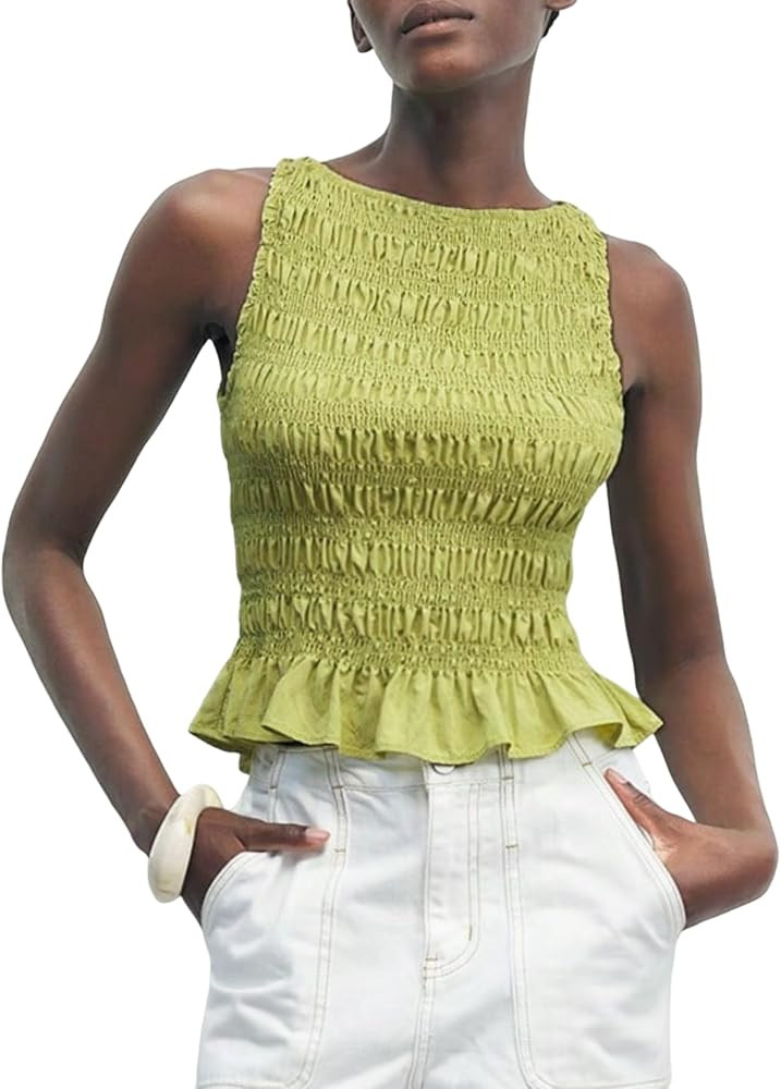 Floerns Women's Smocked Tank Top Babydoll Peplum Ruffle Slim Fit Crop Tops | Amazon (US)