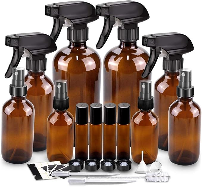 Glass Spray Bottle Kits, BonyTek Empty 4 10 ml Roller Bottles, 8 Amber Essential Oil Bottle(16oz,... | Amazon (US)