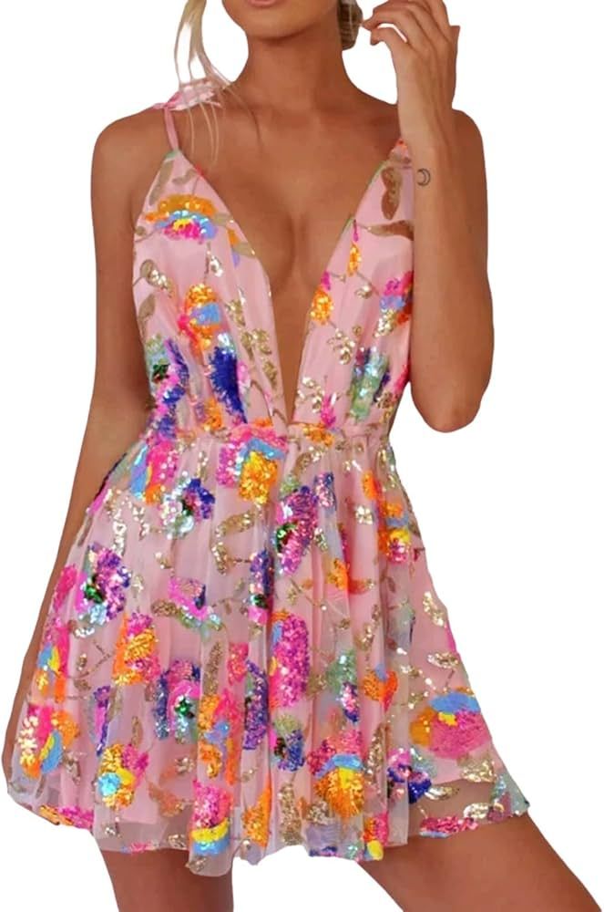 Women Sparkly Suspender Sequin Mini Dress Spaghetti Strap Halter Dress Sexy Low Cut Backless Shor... | Amazon (US)